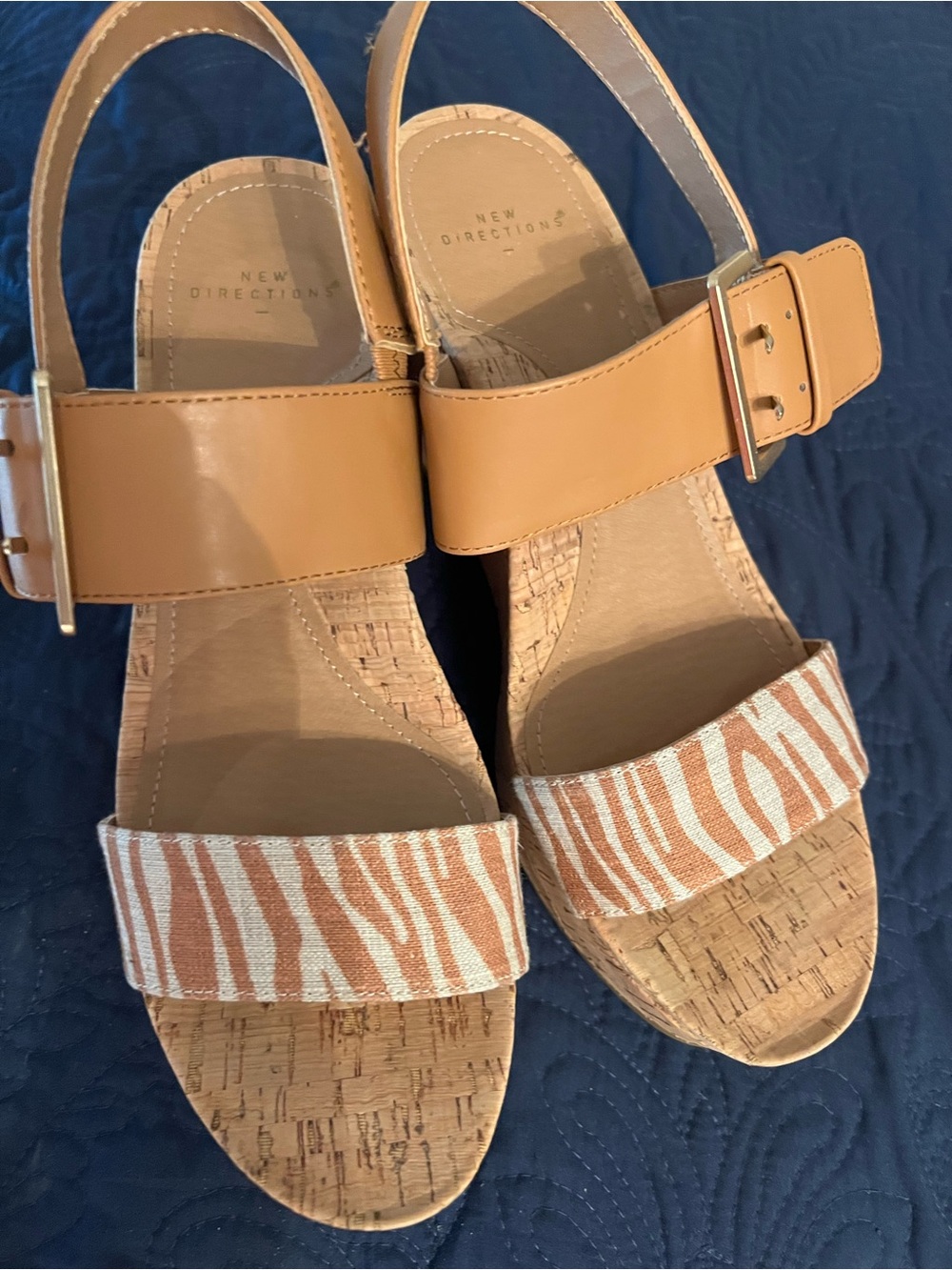 new directions Tan Cork Wedges with Zebra-Print Strap